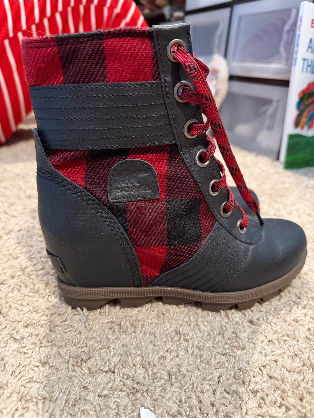Sorel Red and Black Plaid Wedge Lace-Up Boots - Picture 3 of 5